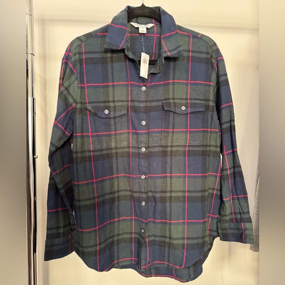 OLD NAVY Relaxed Fit Boyfriend Flannel Shirt Size Medium Navy Blue Green NEW